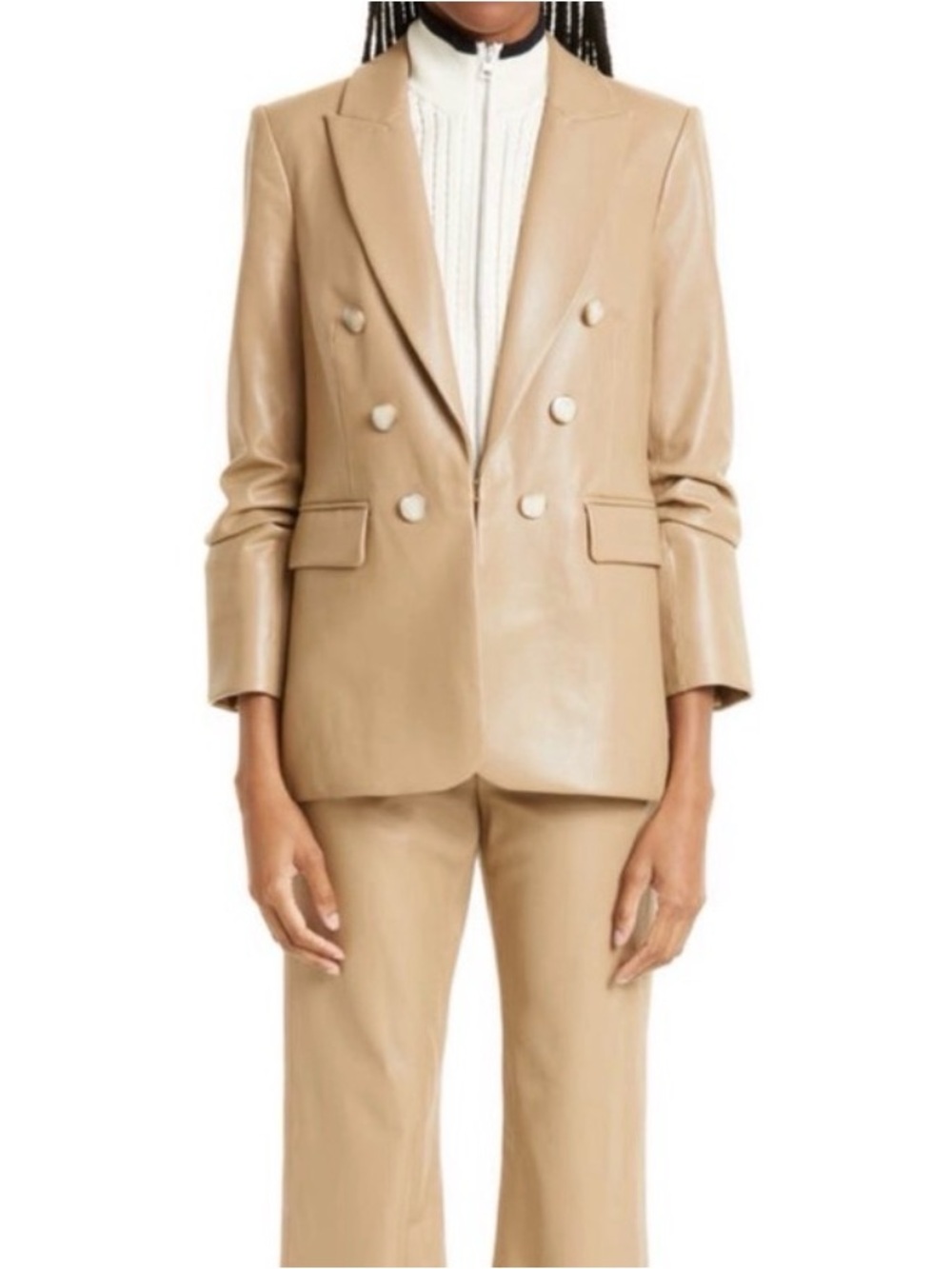 Veronica Beard Beacon Khaki Faux Leather Jacket with Dickey Insert
